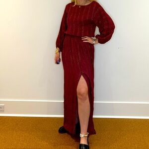 Beautiful Vintage Maroon with Gold Metallic Stripe Dress  - fits size 6-10